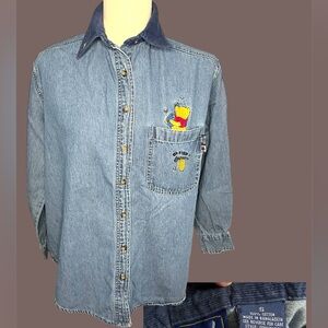 Vintage Denim Button-Up Shirt with Embroidered Pooh on pocket & bee on collar
